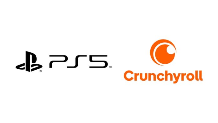 โลโก้ PlayStation 5 และโลโก้ Crunchyroll บนพื้นหลังสีขาว