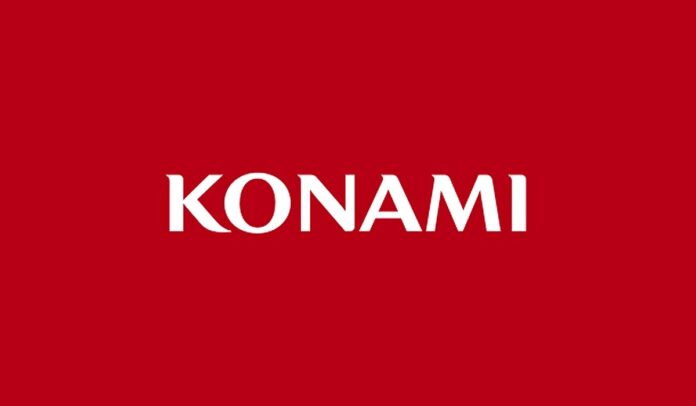 โลโก้ Konami สีขาวบนพื้นหลังสีแดง