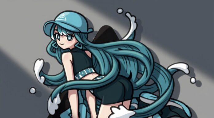 ภาพวาด Arainami T081 มาสคอตสาวอนิเมะผมสีฟ้าทรงคลื่นทะเล สวมหมวกแก๊ปโลโก้ Toei