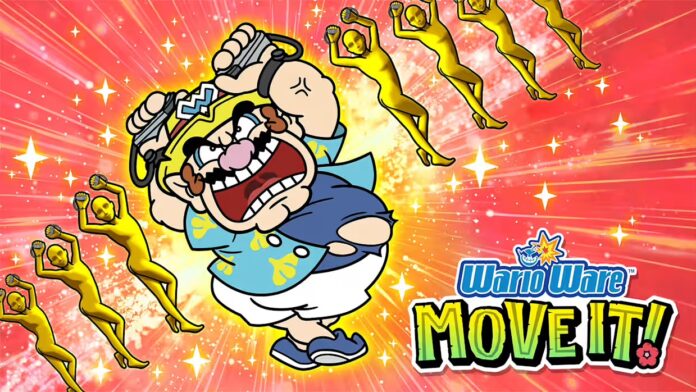 ภาพโปรโมตเกม WarioWare: Move It! แสดงตัวละคร Wario ถือคอนโทรลเลอร์ Joy-Con บนพื้นหลังสีแดง