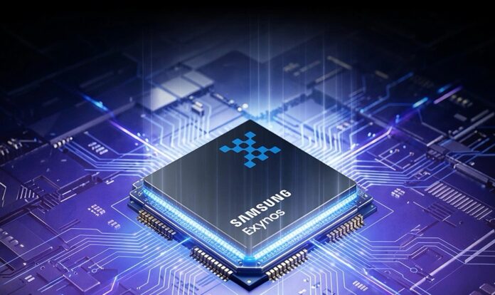 ชิปประมวลผล Samsung Exynos วางอยู่บนแผงวงจรหลักสีน้ำเงิน