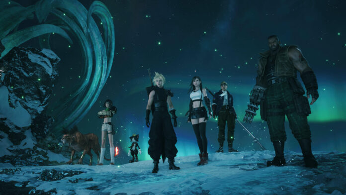 ภาพกลุ่มตัวละครหลักของเกม Final Fantasy VII Revelation พร้อมฉากหลังโลกแฟนตาซีและละอองไลฟ์สตรีม