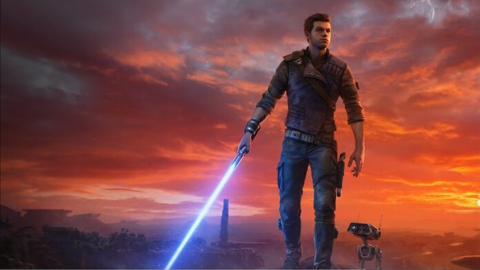 Cal Kestis ตัวละครเอกจากเกม Star Wars Jedi ถือไลท์เซเบอร์สีฟ้าคู่กับหุ่นยนต์ BD-1