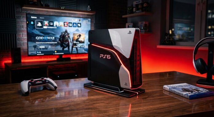 ภาพคอนเซ็ปต์ดีไซน์คอนโซล PlayStation 6 วางอยู่บนโต๊ะไม้พร้อมไฟ LED สีแดง