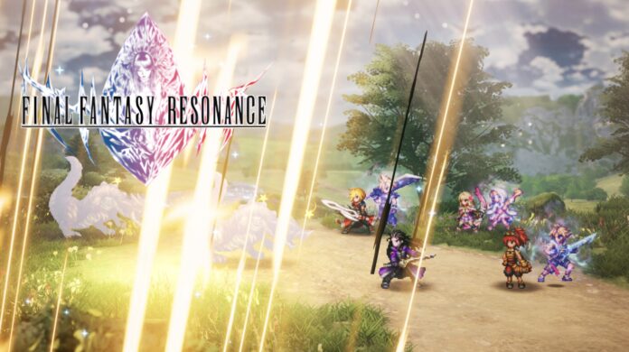 ภาพในเกม Final Fantasy Resonance เผยให้เห็นตัวละครสไตล์พิกเซลอาร์ตกำลังต่อสู้