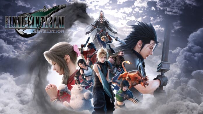 Alt Text ที่แนะนำ: ภาพโปรโมตเกม Final Fantasy VII Revelation รวมเหล่าตัวละครหลัก Cloud, Zack, Aerith, Tifa, Sephiroth และเพื่อน ๆ ท่ามกลางหมู่เมฆ