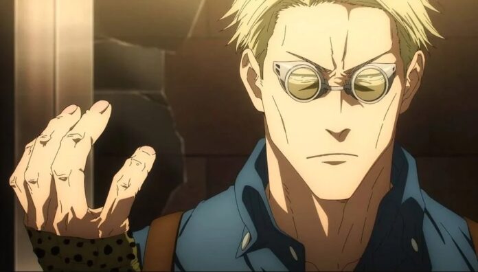 Kento Nanami จากอนิเมะ Jujutsu Kaisen ชูมือขวาใส่ถุงมือลายจุดสีดำ และแสดงสีหน้าจริงจัง