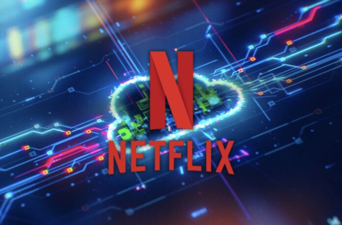 โลโก้ Netflix บนพื้นหลังก้อนเมฆดิจิทัล และลวดลายแผงวงจร