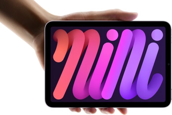 iPad mini หน้าจอสีสันสดใสแสดงข้อความ mini ขณะถือใช้งานด้วยมือเดียว