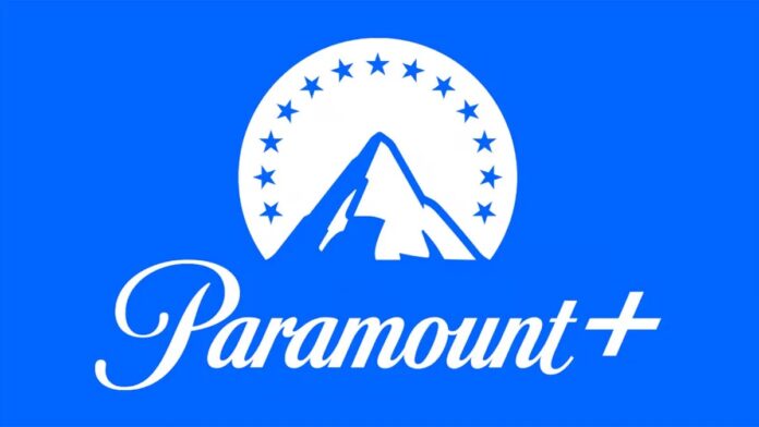 โลโก้ Paramount+ สีขาวบนพื้นหลังสีน้ำเงิน
