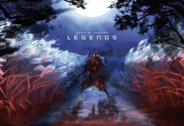 ภาพคีย์อาร์ตอนิเมะ Ghost of Tsushima Legends ในฉากโทนสีน้ำเงินและแดงเข้ม