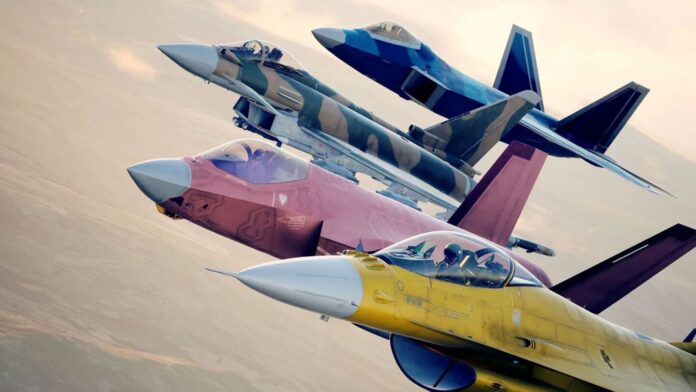 ภาพเครื่องบินรบ 4 ลำบินแปรขบวนจากเกม Ace Combat 8: Wings of Theve