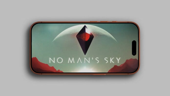 หน้าจอเกม No Man’s Sky บน iPhone แสดงโลโก้เกมและดาวเคราะห์ในห้วงอวกาศ