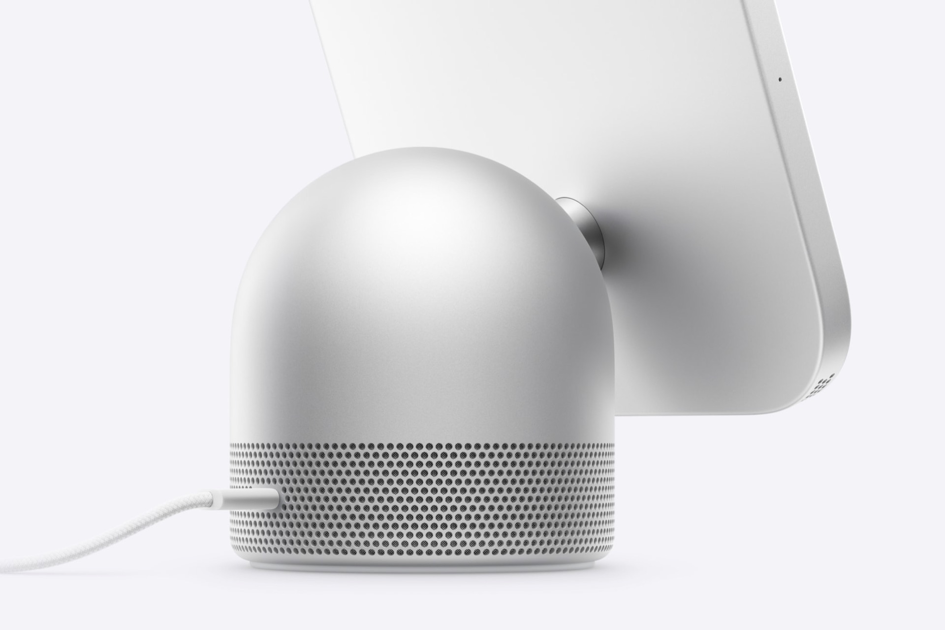 ด้านหลังของ HomeView รุ่นตั้งโต๊ะพร้อมสาย USB-C ที่ฐานลำโพง