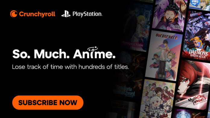 ภาพประชาสัมพันธ์ Crunchyroll และ PlayStation พร้อมภาพอนิเมะหลายเรื่องบนพื้นหลังสีดำ