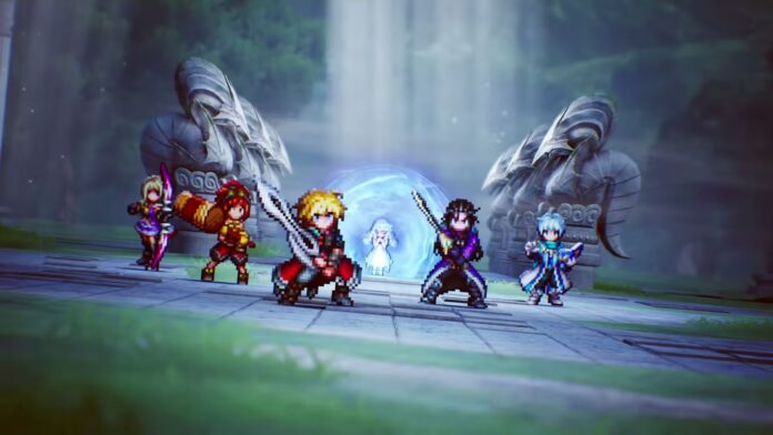 ภาพพิกเซลอาร์ตตัวละครจากเกม Final Fantasy Resonance ยืนเรียงแถวในฉากวิหารโบราณ