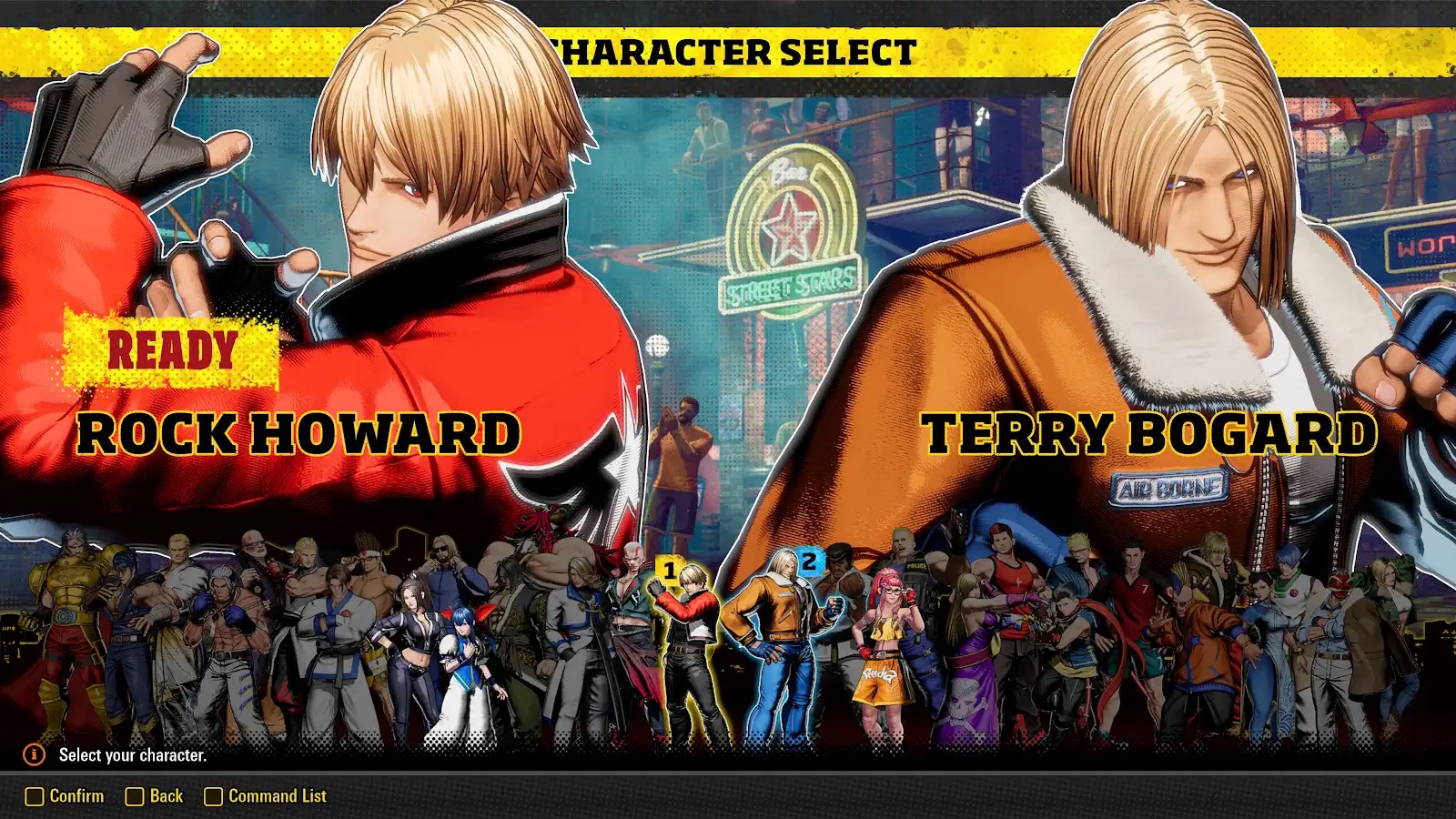 หน้าเลือกตัวละคร Rock Howard และ Terry Bogard ในเดโม FATAL FURY: City of the Wolves