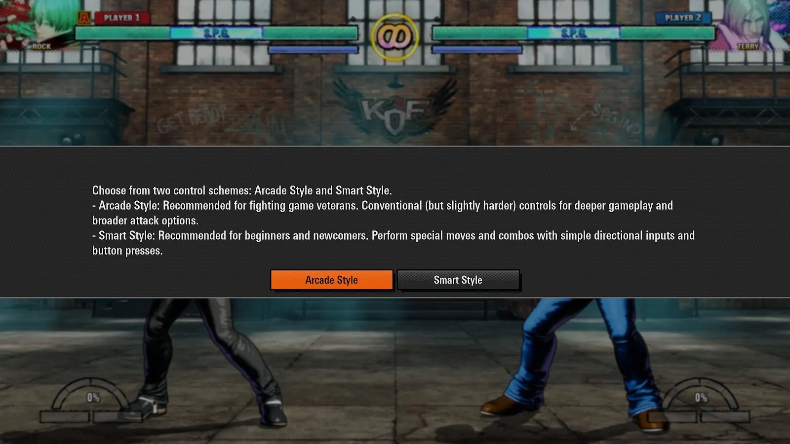 หน้าจอเลือก Arcade Style และ Smart Style ใน FATAL FURY Demo