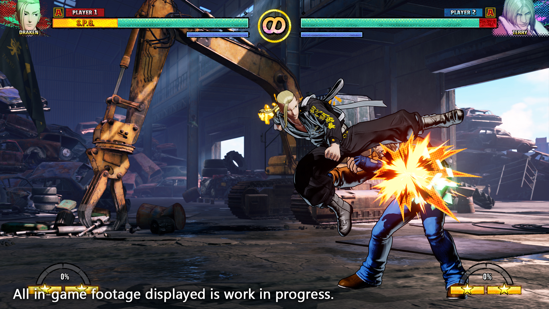 ดราเคนใช้ท่าเตะระหว่างต่อสู้ใน FATAL FURY: City of the Wolves