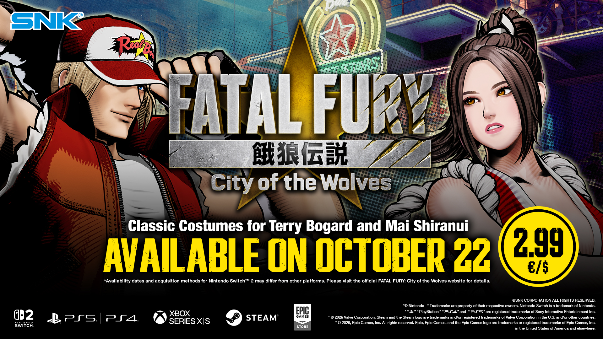 ภาพประกาศ DLC ชุดคลาสสิกของ Mai Shiranui และ Terry Bogard ราคา 2.99 ดอลลาร์สหรัฐต่อชุด