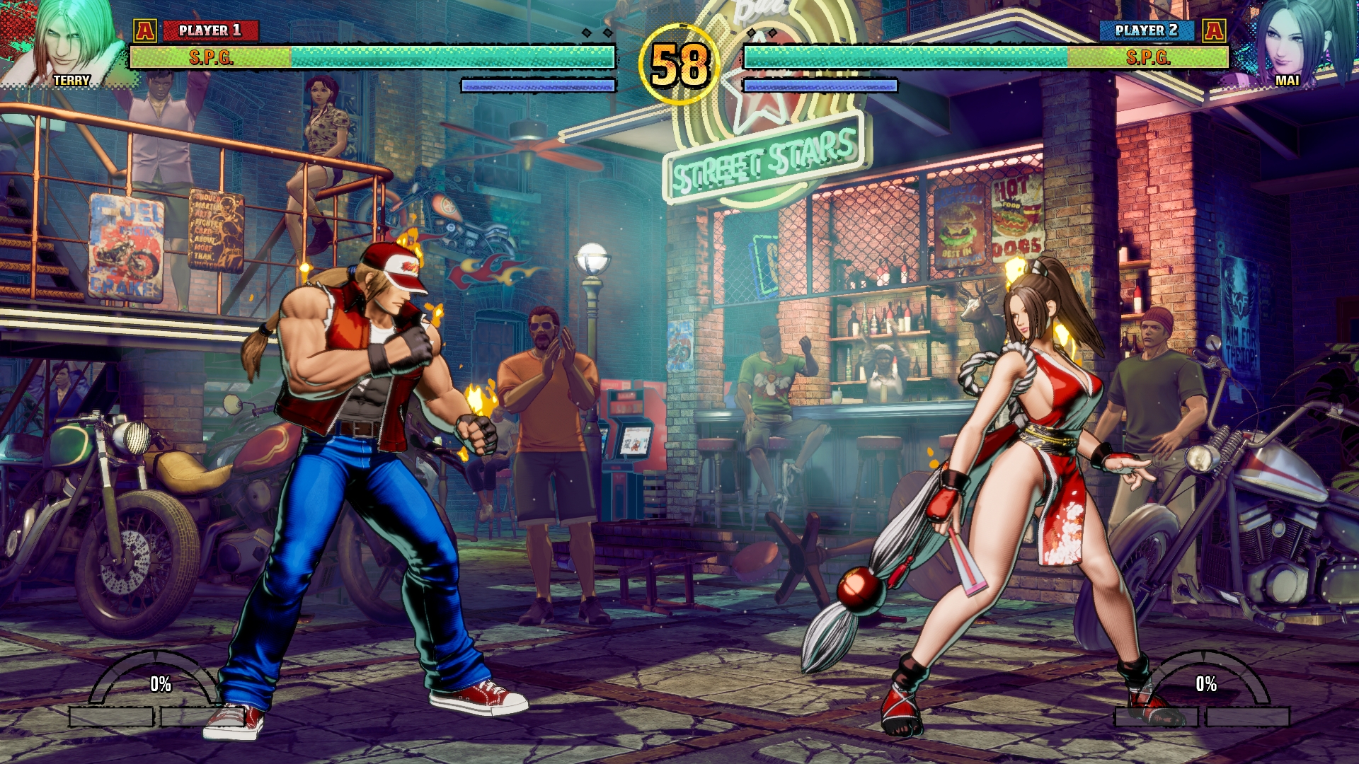 Terry Bogard และ Mai Shiranui สวมชุดคลาสสิกในฉากต่อสู้ของเกม