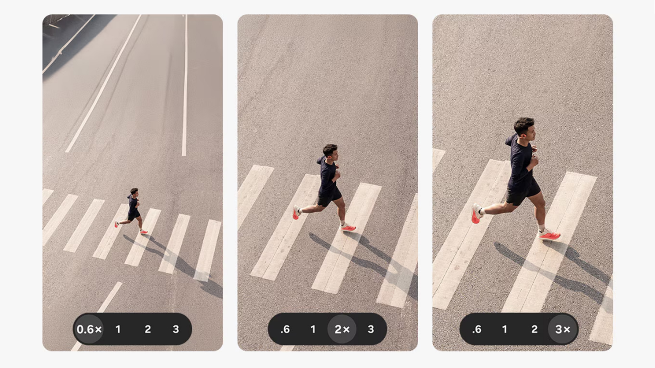 ภาพผู้วิ่งในสวนแสดงมุมภาพ 0.6x, 2x และ 3x บนหน้าจอกล้อง
