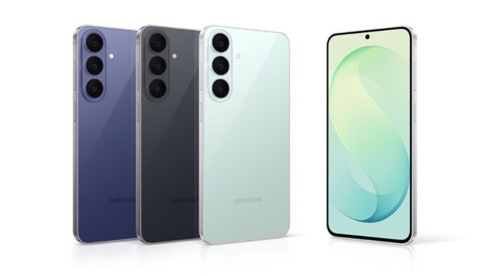 ตัวเครื่อง Galaxy S26 FE สีม่วง สีดำ และสีเขียวอ่อน พร้อมภาพด้านหน้า