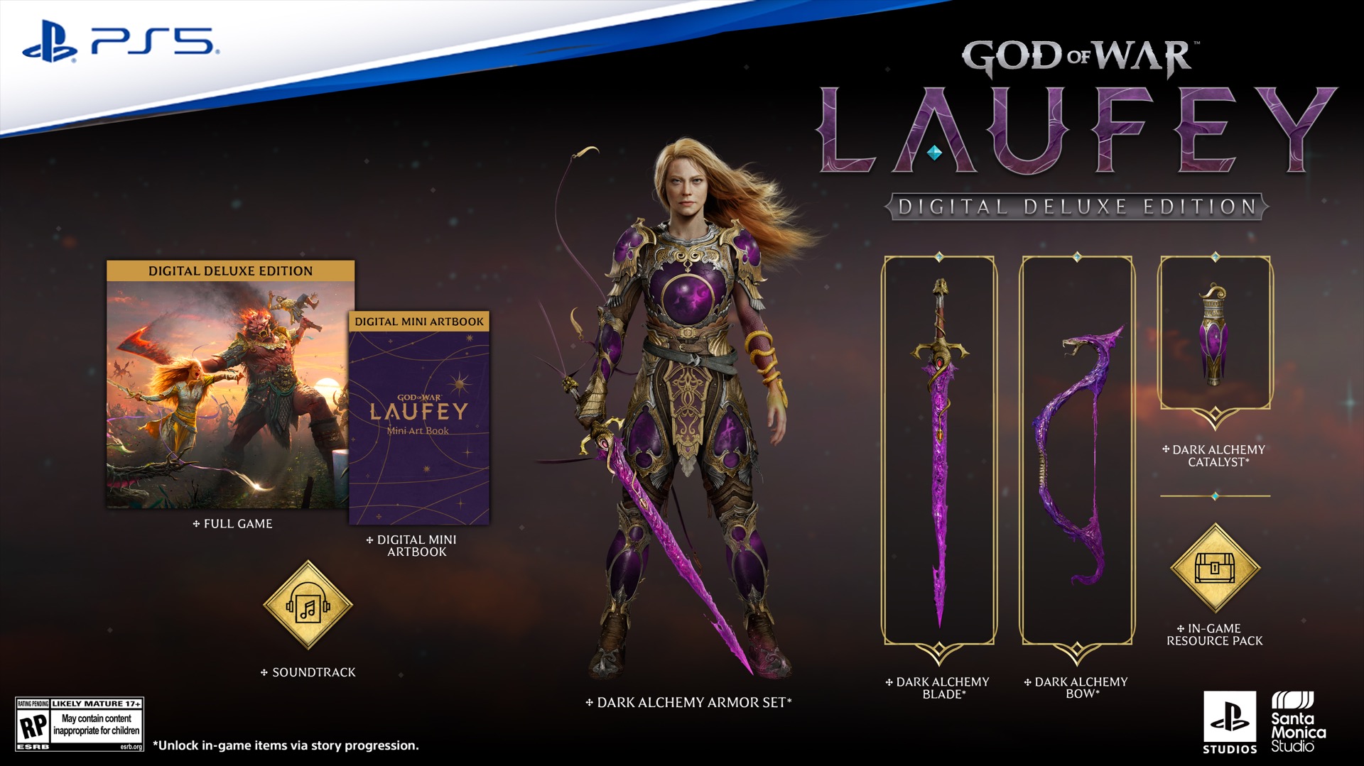 ภาพรวมเกม สมุดภาพ เพลงประกอบ ชุดเกราะ ดาบ คันธนู Catalyst และแพ็กทรัพยากรใน God of War Laufey Digital Deluxe Edition