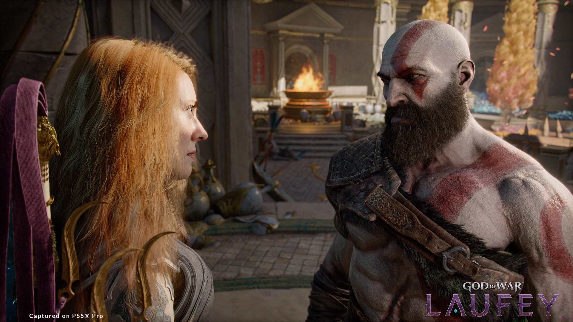 Faye ยืนเผชิญหน้ากับ Kratos ในฉากจาก God of War Laufey