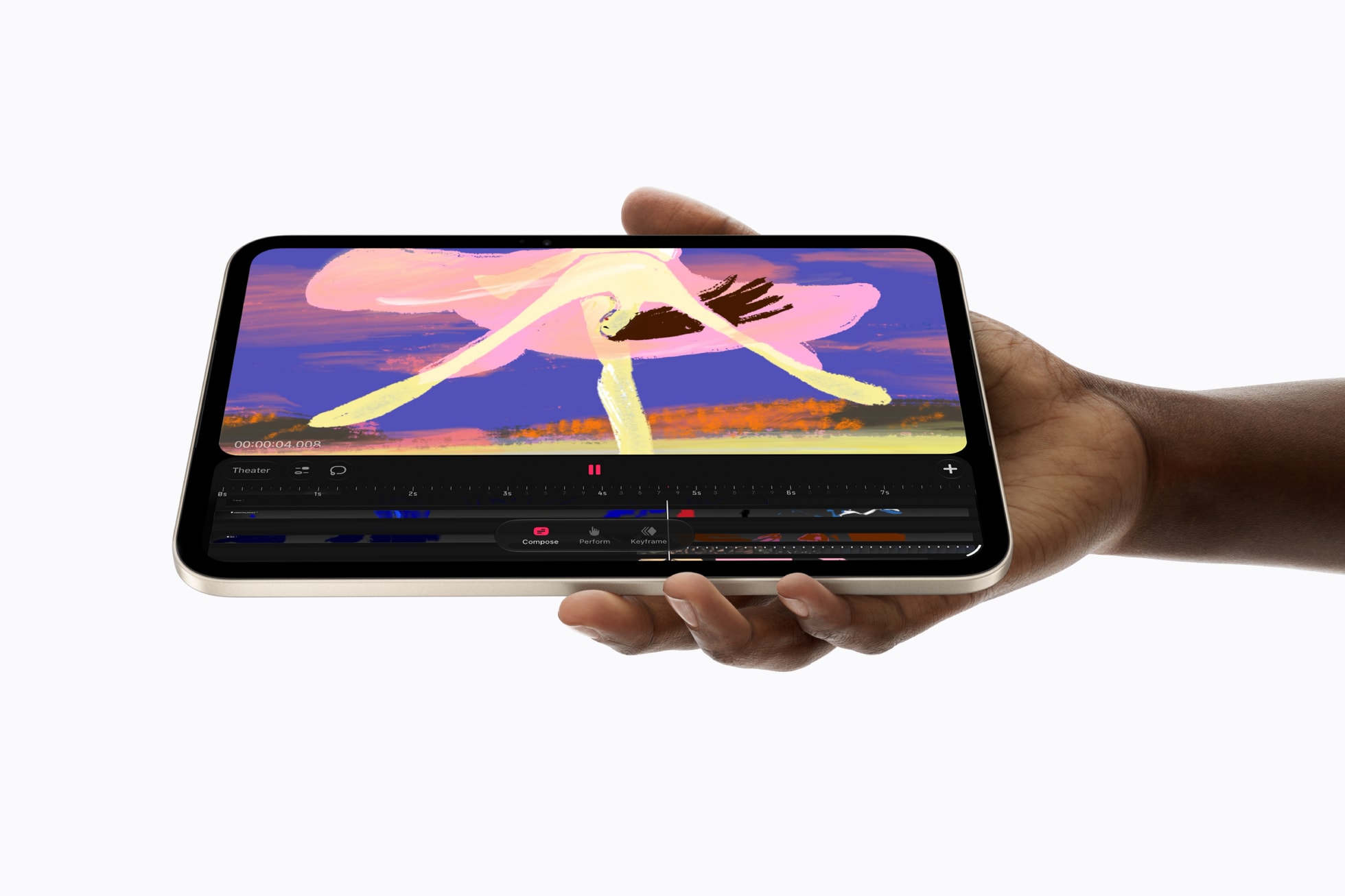 iPad mini ในมือแสดงงานแอนิเมชันในแอป Procreate Dreams