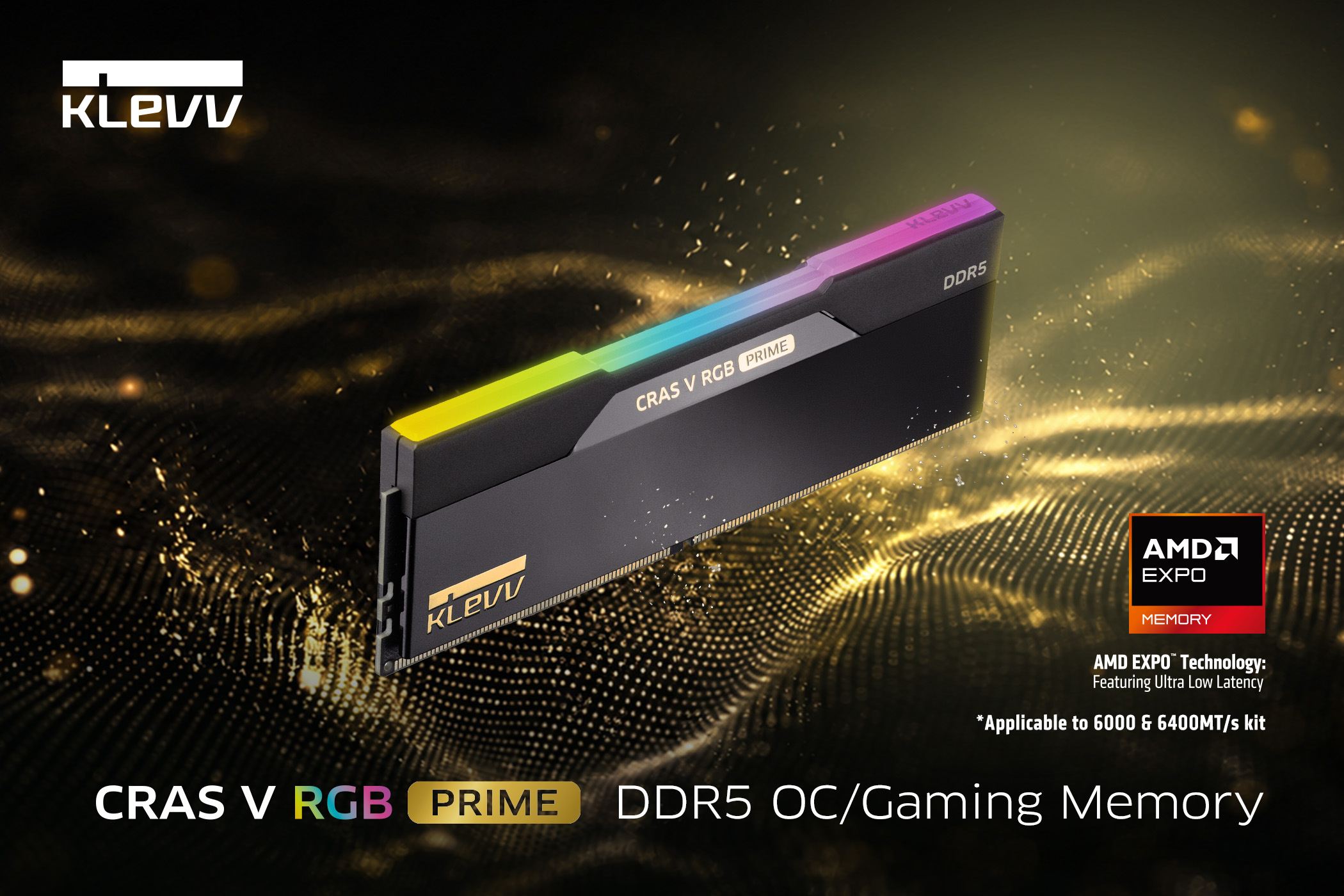 ภาพกราฟิกแรม CRAS V RGB PRIME บนพื้นดำทอง พร้อมโลโก้ AMD EXPO