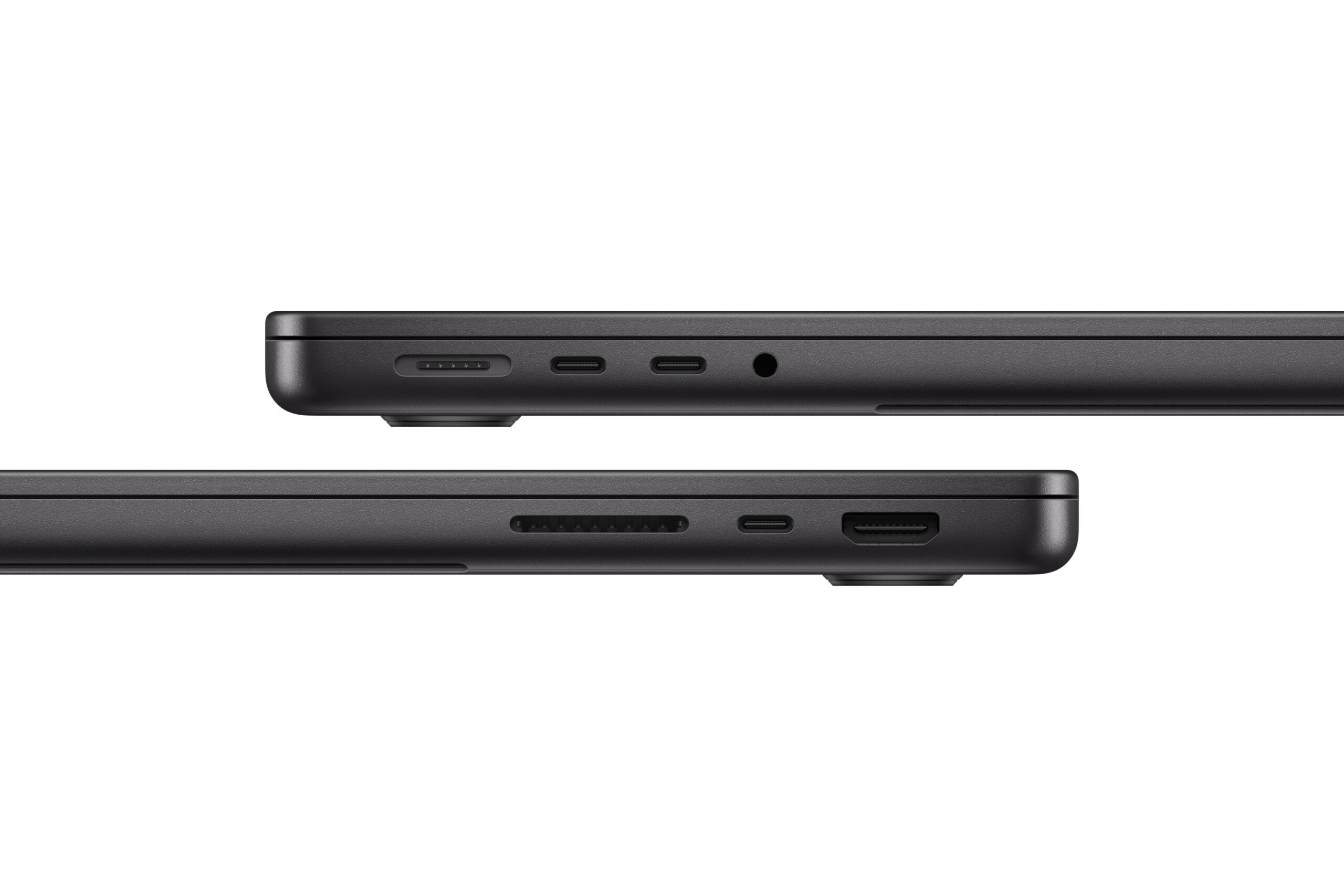 ด้านข้างสองฝั่งของ MacBook Pro 14 นิ้ว แสดงพอร์ตและช่องเสียบการ์ด