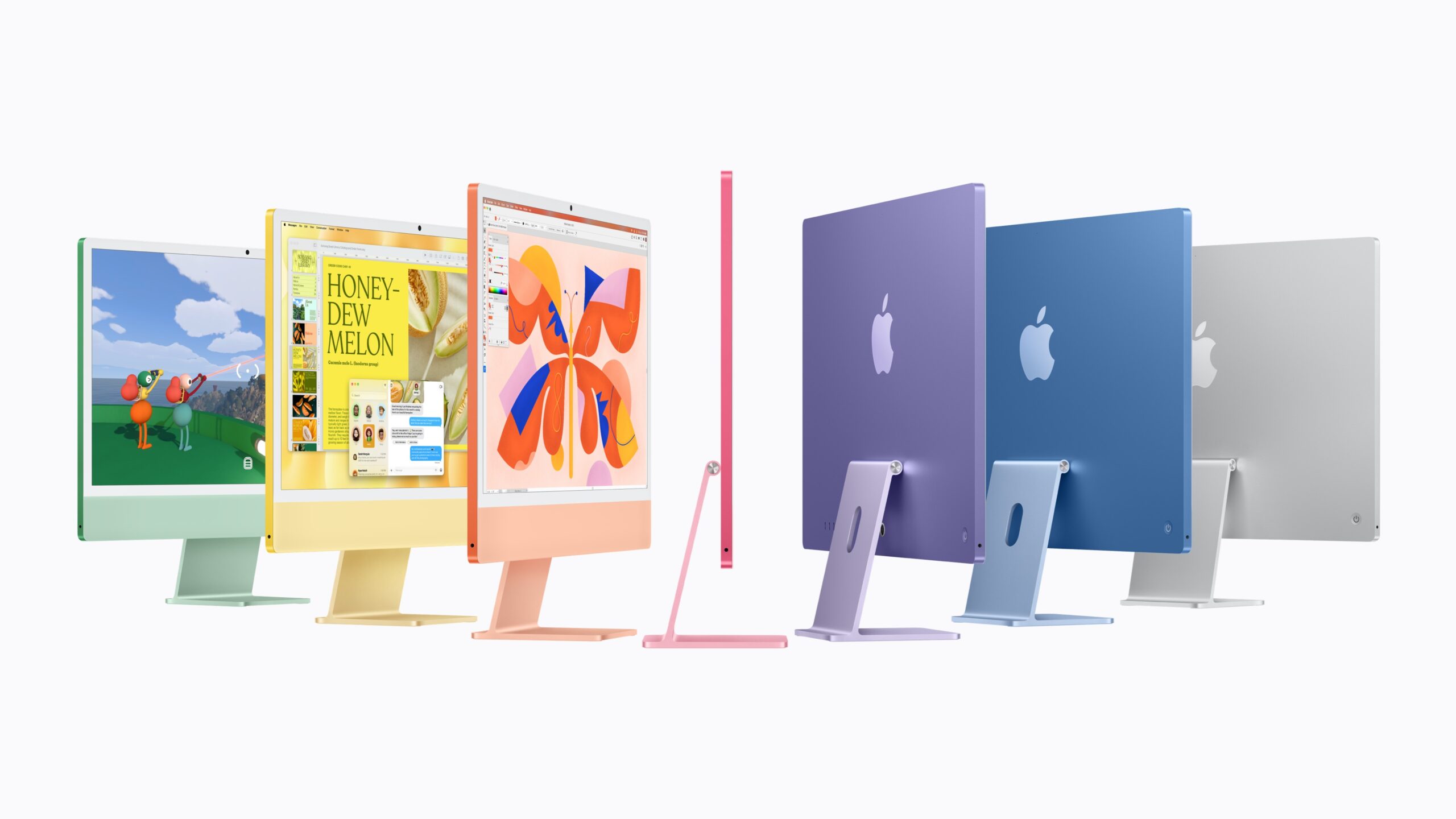 iMac ชิป M6 ทั้ง 7 สี แสดงด้านหน้า ด้านหลัง และด้านข้าง