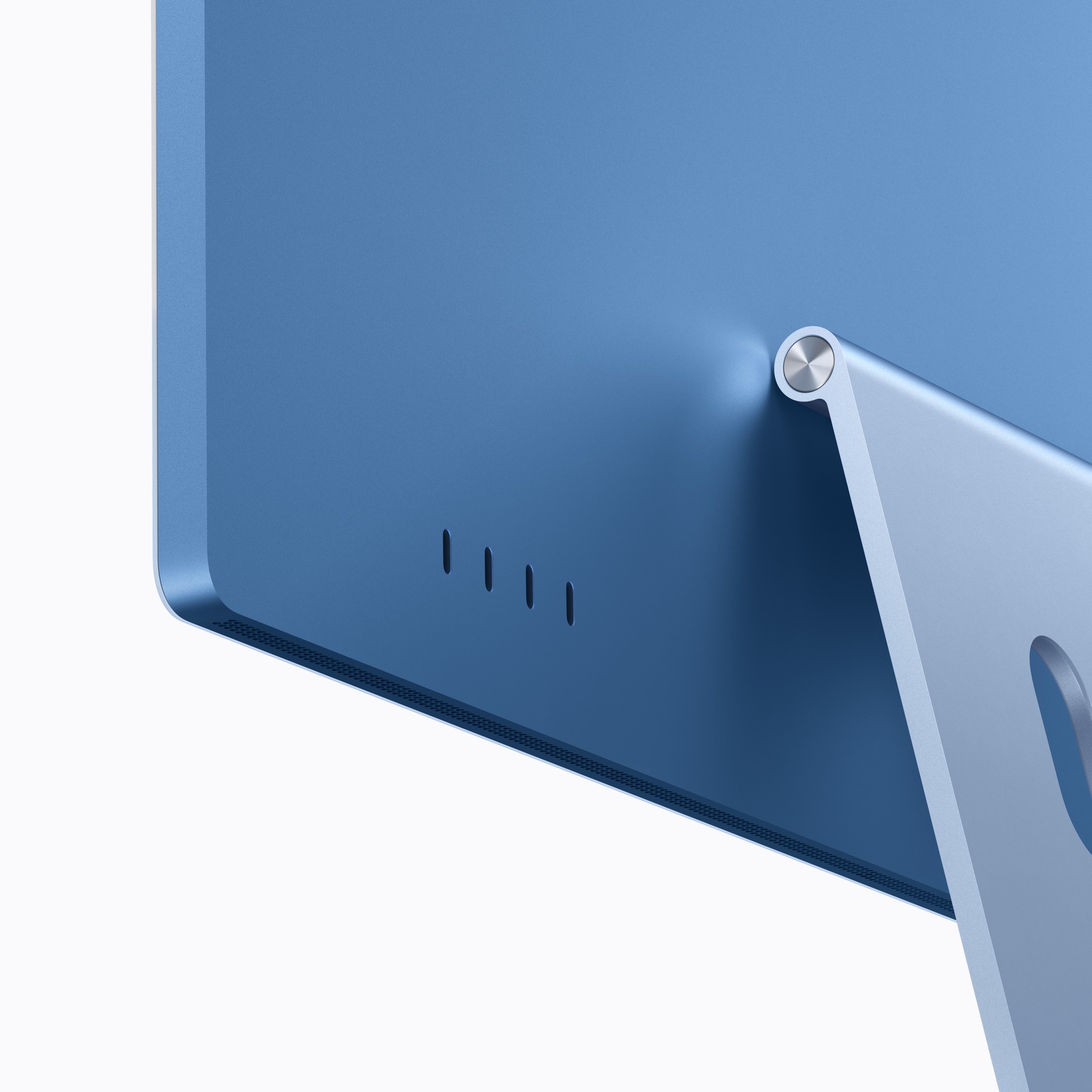 ด้านหลัง iMac สีน้ำเงินแสดงพอร์ต Thunderbolt 4 จำนวน 4 พอร์ต