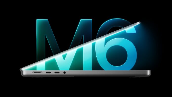 MacBook Pro 14 นิ้ว เปิดเครื่องบางส่วนอยู่ด้านหน้าโลโก้ M6
