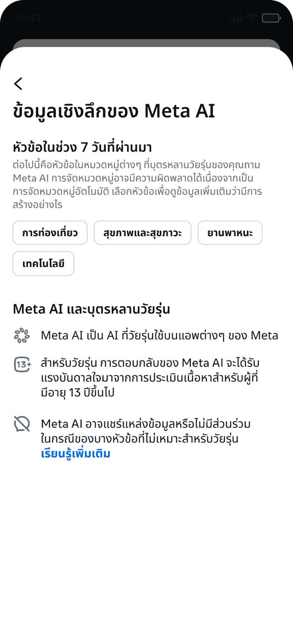 หน้าข้อมูลเชิงลึกของ Meta AI แสดงหัวข้อที่บุตรหลานคุย แยกเป็นหมวดหมู่ย้อนหลัง 7 วัน
