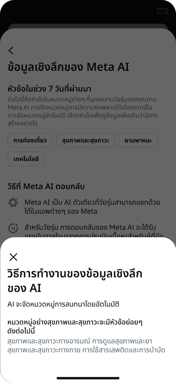 หน้าต่างอธิบายการจัดหมวดหมู่หัวข้อสนทนาของ Meta AI โดยอัตโนมัติ