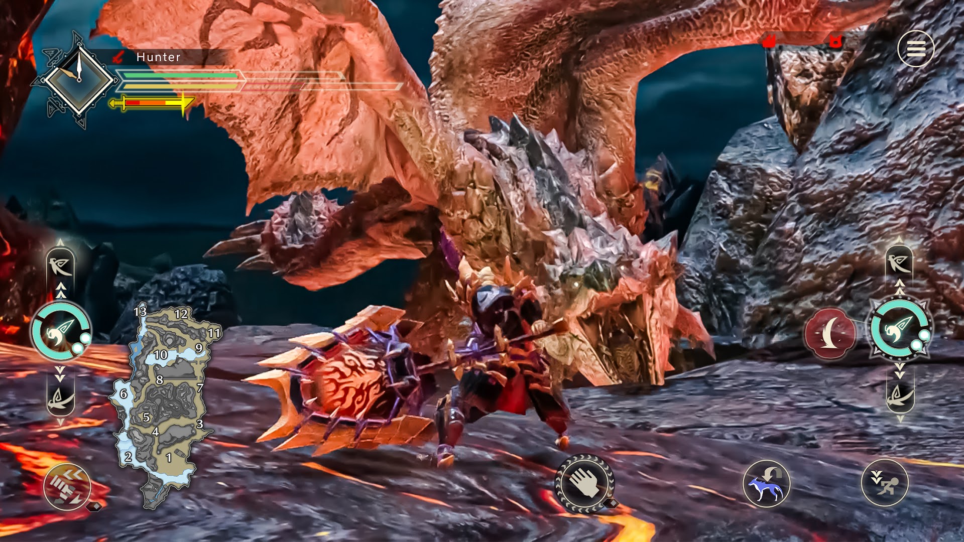 นักล่าต่อสู้กับมอนสเตอร์ พร้อมปุ่มสัมผัสและแผนที่บนหน้าจอมือถือใน Monster Hunter Rise NETFLIX
