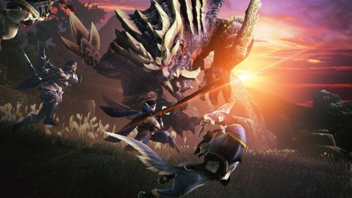 นักล่าต่อสู้กับมอนสเตอร์ท่ามกลางแสงยามเย็นในเกม Monster Hunter Rise