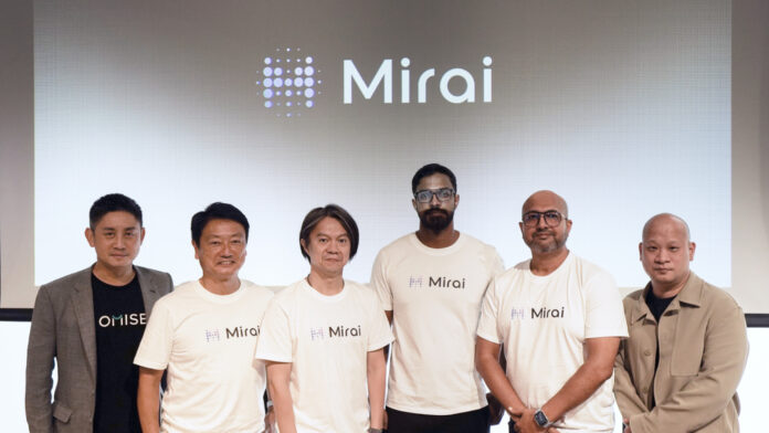 ภาพหมู่ผู้ร่วมงานเปิดตัว Mirai Flash หน้าโลโก้ Mirai