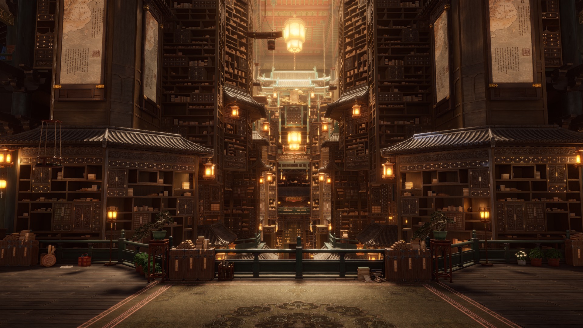 ภายในอาคารที่มีชั้นหนังสือสูงหลายชั้นและโคมไฟ