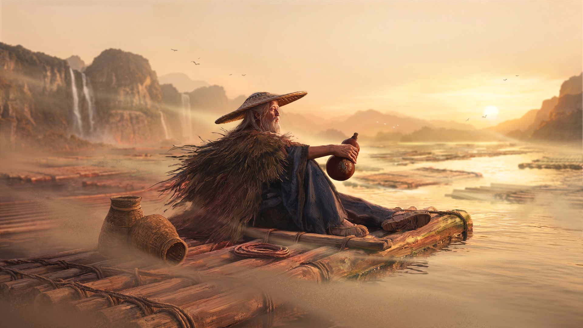 Old Raftsman นั่งถือภาชนะบนแพไม้กลางแม่น้ำ